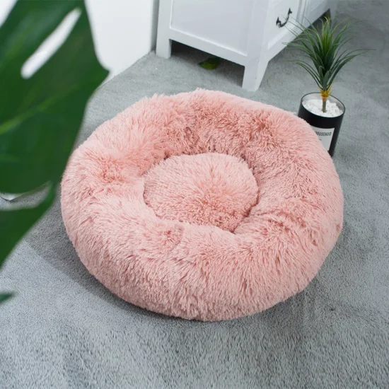 Rena Pet Hot Sale Luxury Decompression Warm Cozy Donut Round Long PV Plush Dog Cat Bed